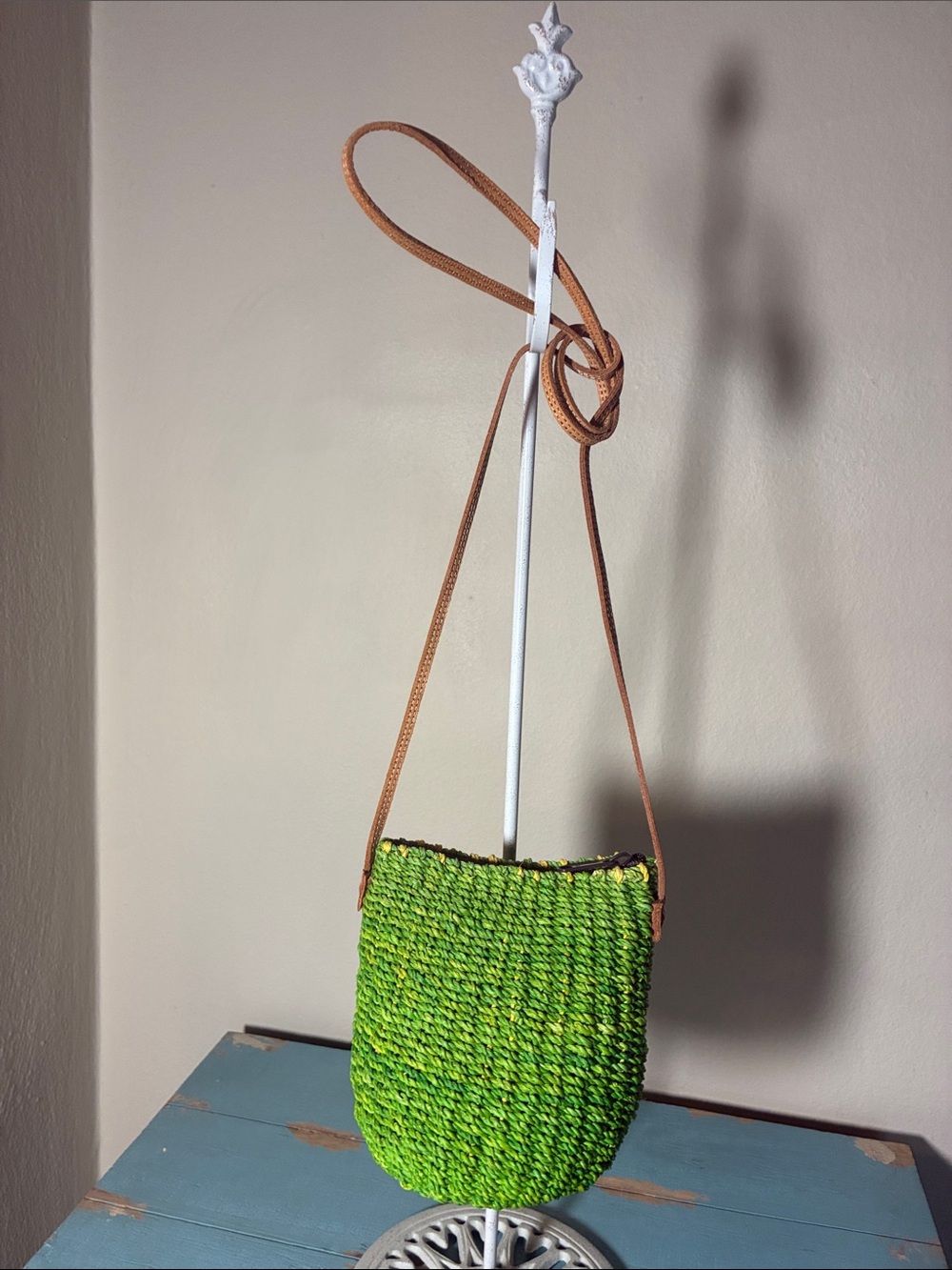 Sarah Stewart Straw Poof Green Crossbody with Tan Strap